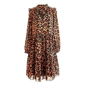 Tall tie-neck tiered dress in leopard crinkle chif